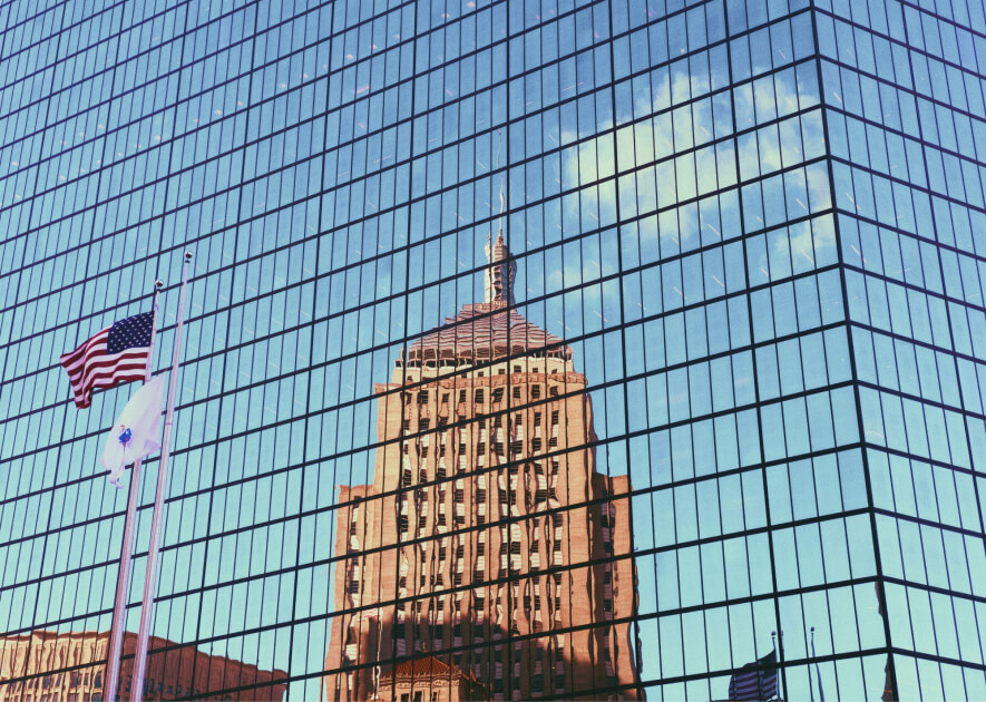 Building and USA flag